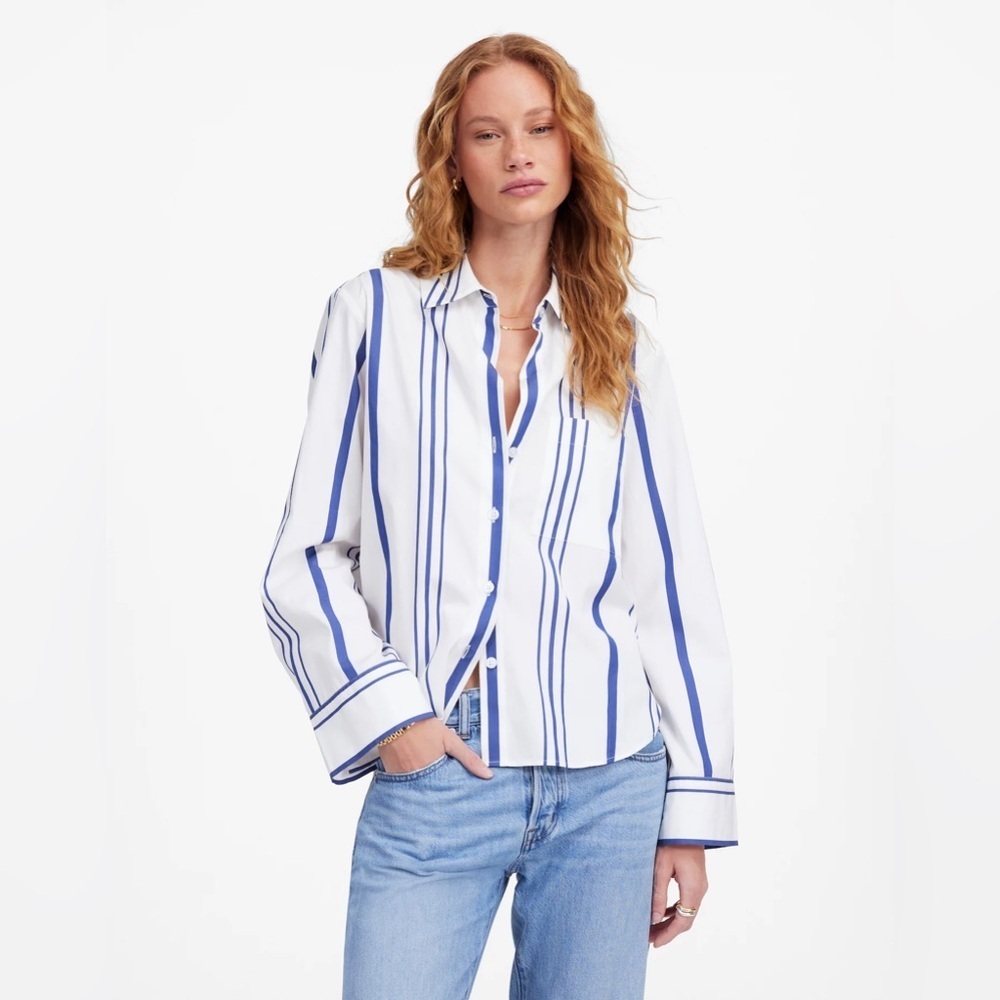 Madewell Poplin Easy Y-Neck Button-Up Shirt Blue White Stripes Top Women’s XXS